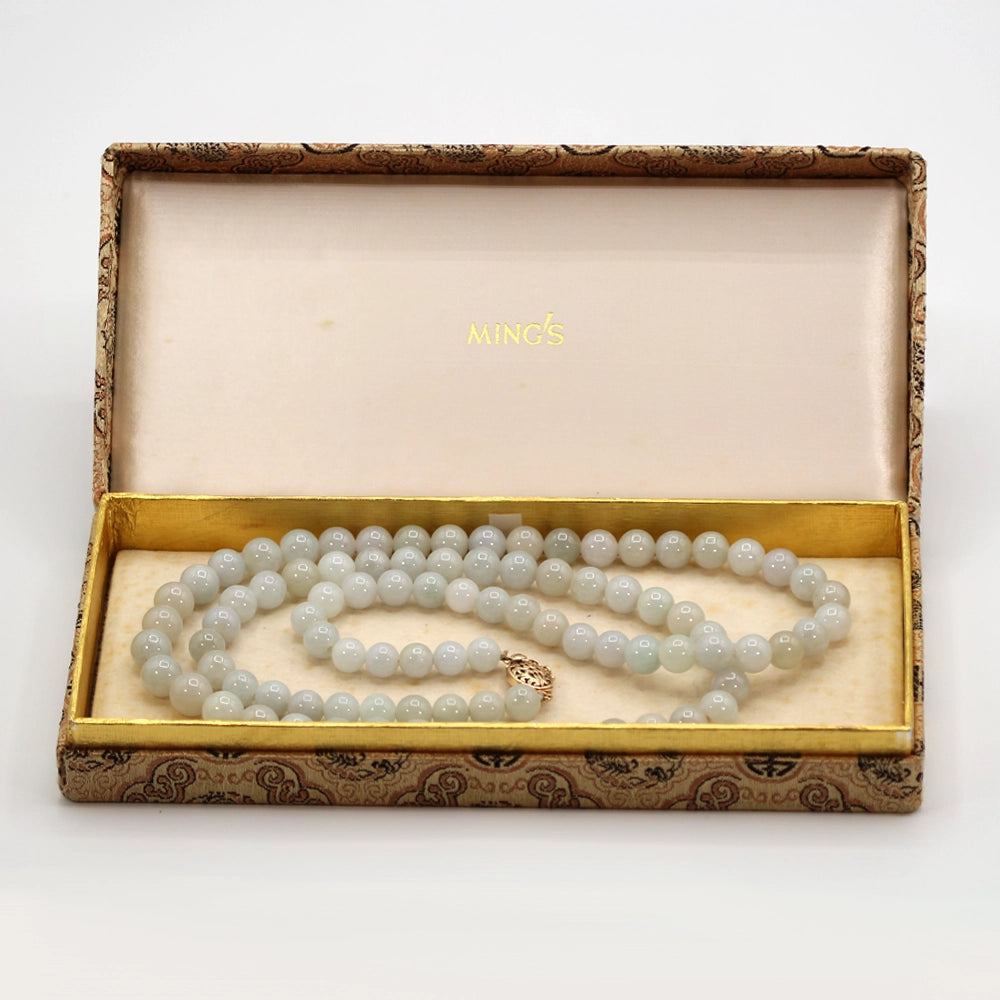 Ming’s Hawaii Pale Green Jade Beaded Necklace with 14K Yellow Gold Clasp - With Box!