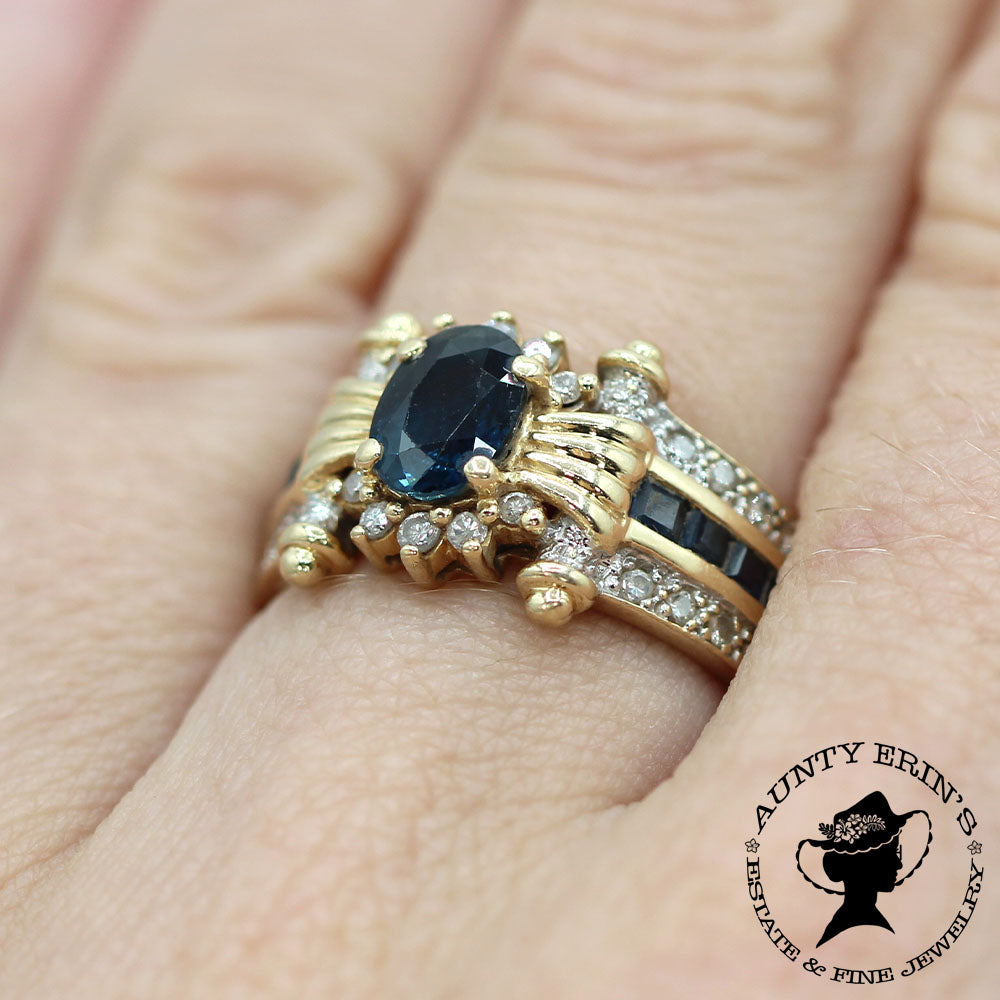 Vintage 14K Yellow Gold Sapphire and Diamond Scroll Ring SIZE 6.5
