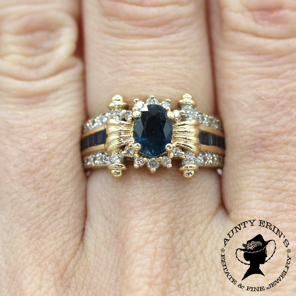 Vintage 14K Yellow Gold Sapphire and Diamond Scroll Ring SIZE 6.5