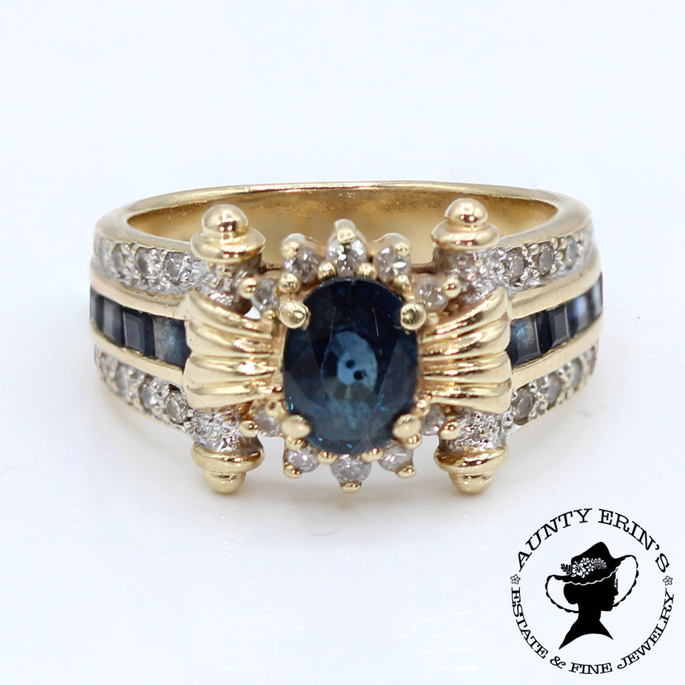 Vintage 14K Yellow Gold Sapphire and Diamond Scroll Ring SIZE 6.5