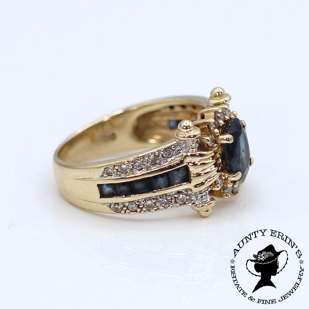 Vintage 14K Yellow Gold Sapphire and Diamond Scroll Ring SIZE 6.5