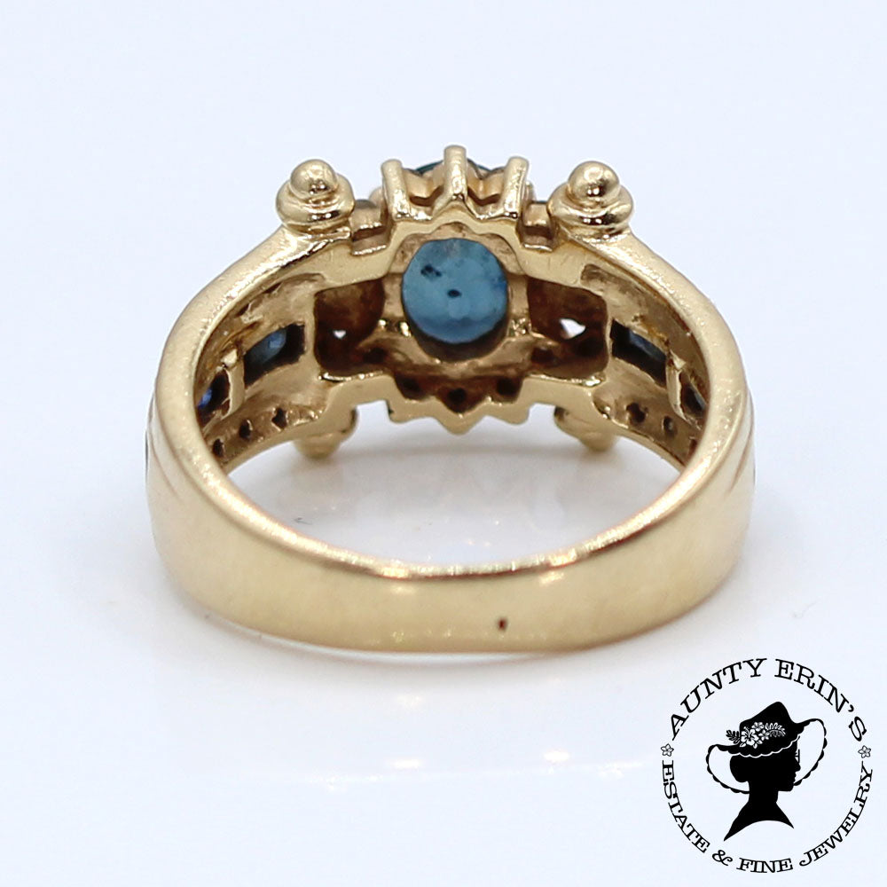 Vintage 14K Yellow Gold Sapphire and Diamond Scroll Ring SIZE 6.5