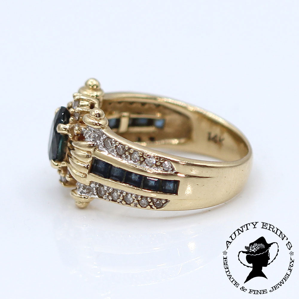 Vintage 14K Yellow Gold Sapphire and Diamond Scroll Ring SIZE 6.5