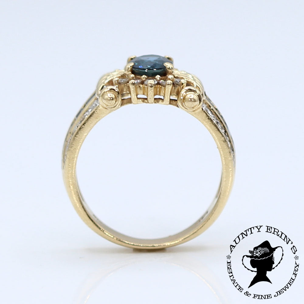 Vintage 14K Yellow Gold Sapphire and Diamond Scroll Ring SIZE 6.5