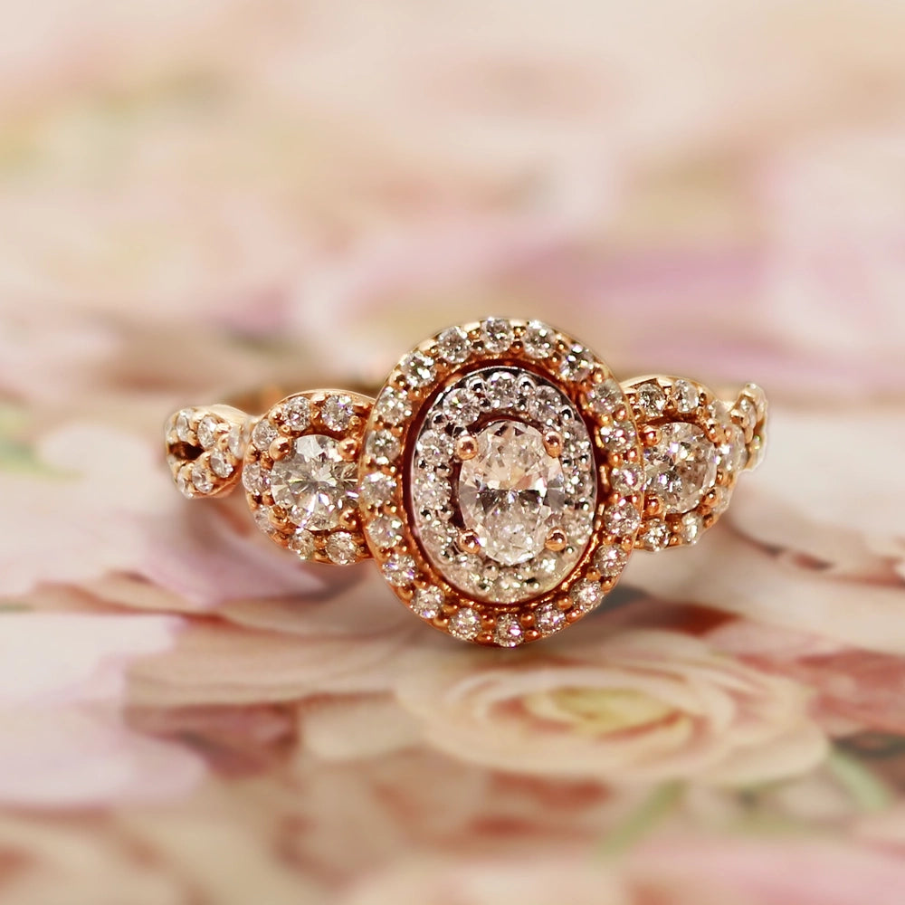 Rose Gold Three Diamond Halo Ring SIZE 6.25