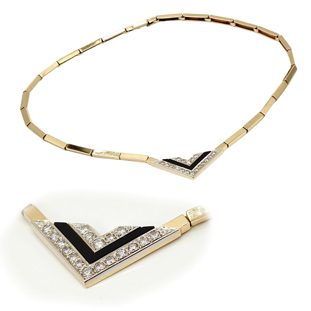 Vintage 80’s Chevron Necklace with Diamonds, Black Onyx, and 14K Yellow Gold