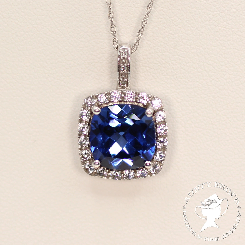 10K White Gold Faux Tanzanite Halo Pendant with Chain