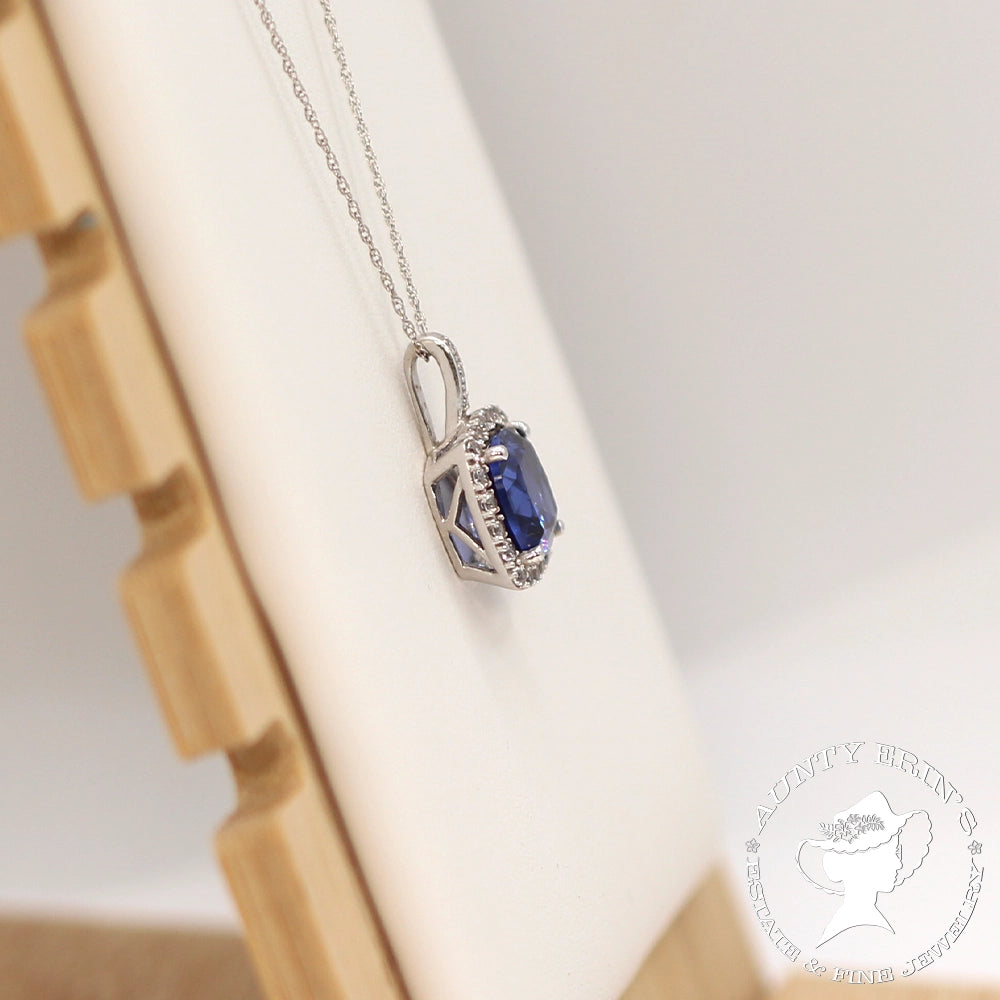 10K White Gold Faux Tanzanite Halo Pendant with Chain