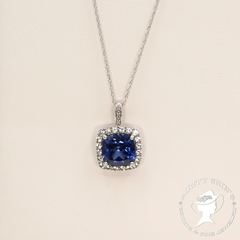 10K White Gold Faux Tanzanite Halo Pendant with Chain