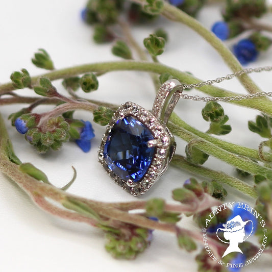 10K White Gold Faux Tanzanite Halo Pendant with Chain