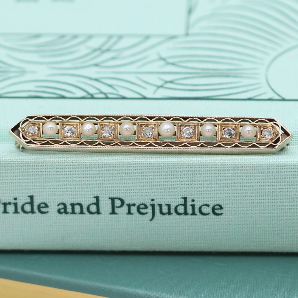 Antique 14K Yellow Gold Old Mine Cut Diamond and Pearl Brooch