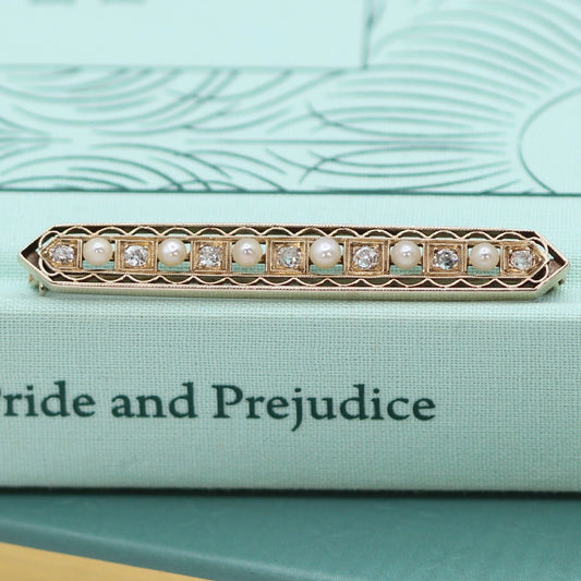 Antique 14K Yellow Gold Old Mine Cut Diamond and Pearl Brooch