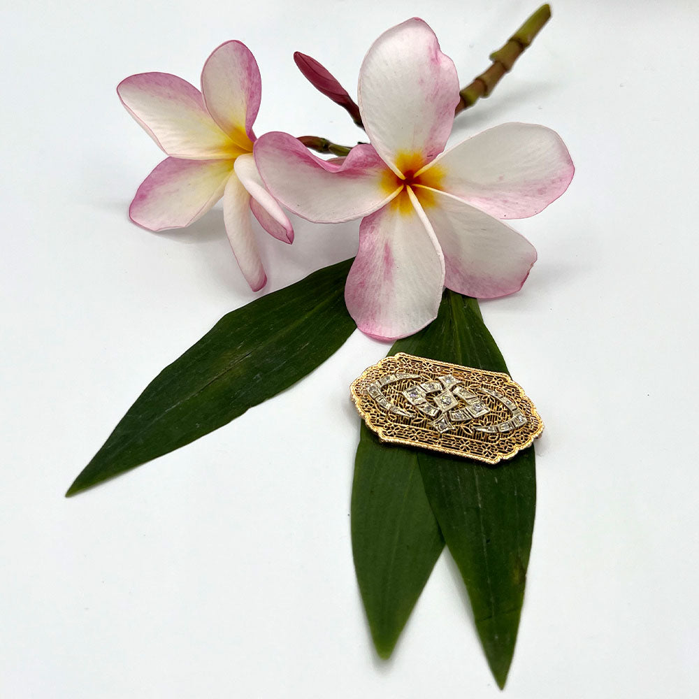 14K Yellow Gold and Diamond Filigree Brooch