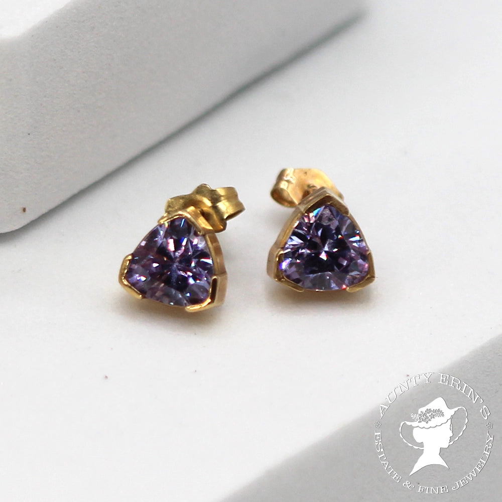 14K Yellow Gold Trillion Cut Lavender CZ Stud Earrings