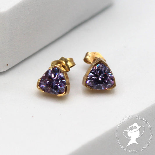 14K Yellow Gold Trillion Cut Lavender CZ Stud Earrings