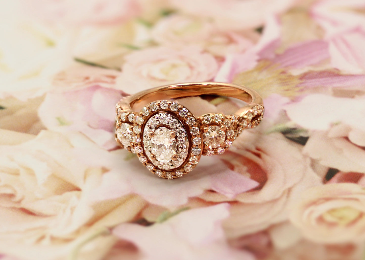 Rose Gold Three Diamond Halo Ring SIZE 6.25